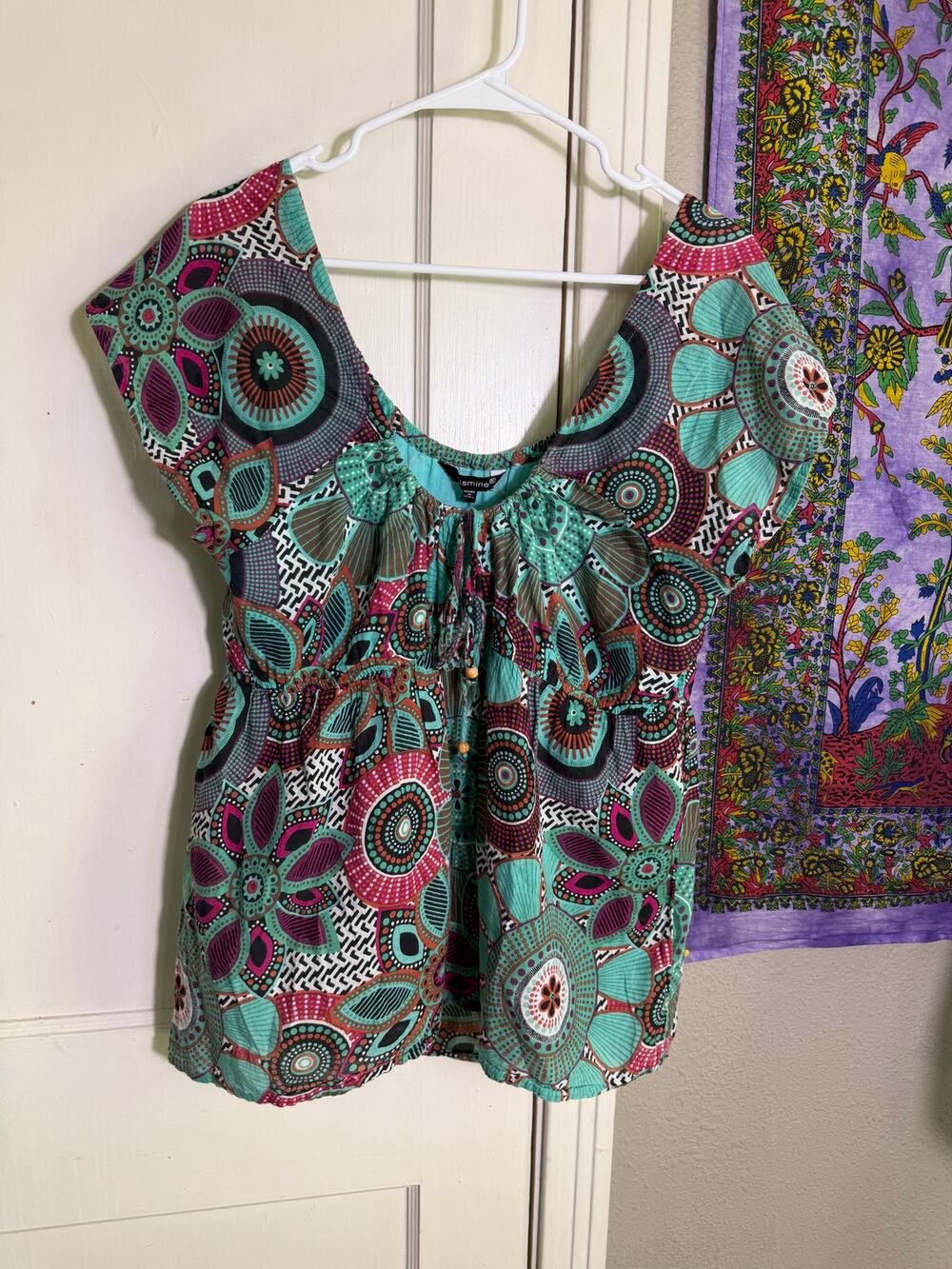 Jasmine XL Boho Floral Blouse Turquoise Pink Babydoll Tie Front Peasant Top